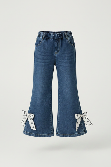 Pantalon Patte D'Éléphant Denim Évasé Nœuds Pois Fille - Bleu Jean - vue 3