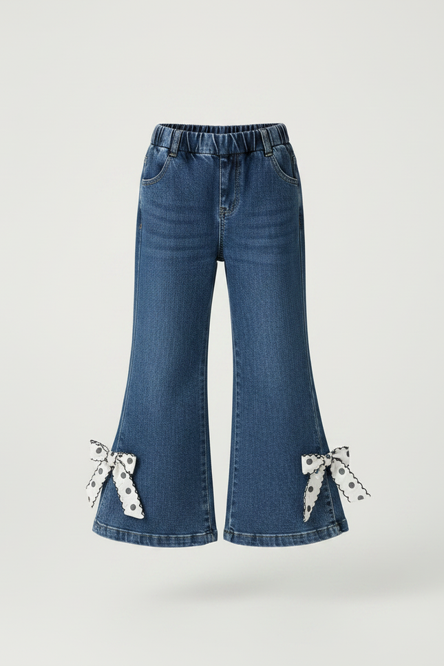 Pantalon Patte D'Éléphant Denim Évasé Nœuds Pois Fille - Bleu Jean - vue 3