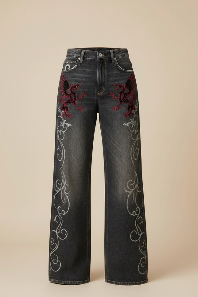 Pantalon Patte D'Éléphant Denim Noir Brodé Vintage Y2K - Jean - vue 3
