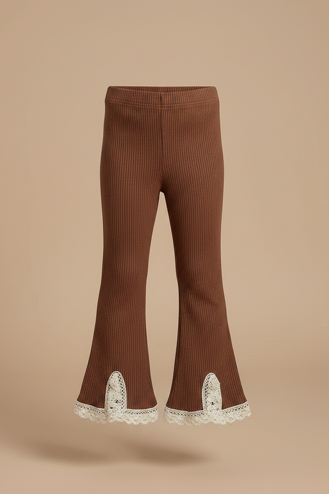 Pantalon Patte D'Éléphant Marron Côtelé Évasé Dentelle Enfant - Maille - vue 3