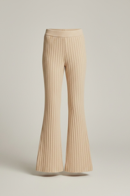 Pantalon Patte D'Éléphant Beige Tricot Côtelé Évasé Confortable - Maille - vue 3
