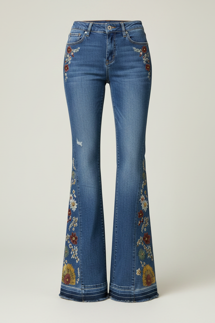 Pantalon Patte D'Éléphant Jean Bleu Brodé Floral Vintage Évasé - vue 3