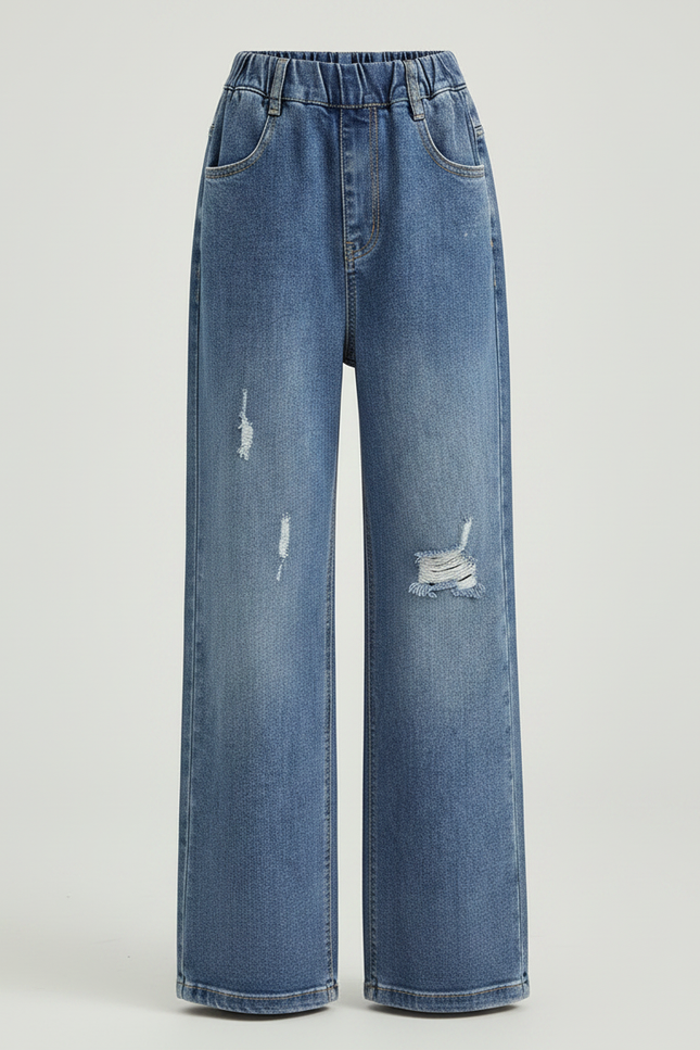 Pantalon Patte D'Éléphant Denim Large Déchiré Fille - Bleu Jean - vue 3