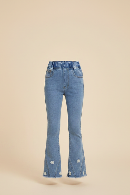 Pantalon Patte D'Éléphant Denim Bleu Fleuri Évasé Fille - Jean - vue 3