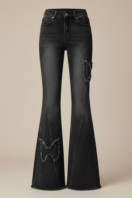 Pantalon Patte D'Éléphant Gris Délavé Papillon Évasé Taille Haute - Jean - vue 3