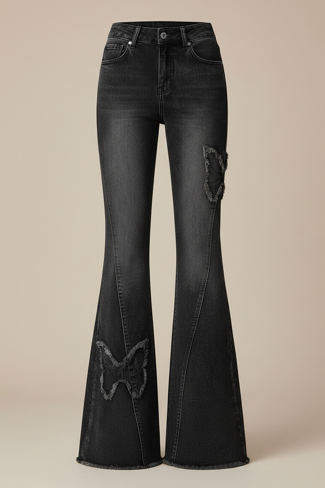 Pantalon Patte D'Éléphant Gris Délavé Papillon Évasé Taille Haute - Jean - vue 3
