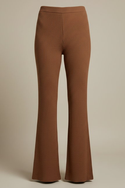 Pantalon Patte D'Éléphant Marron Côtelé Tricoté Confortable Femme - Maille - vue 3