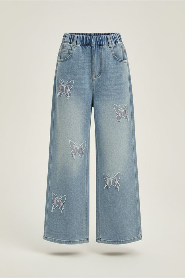 Pantalon Patte D'Éléphant Denim Papillons Brodés Large Fille - Bleu Jean - vue 3