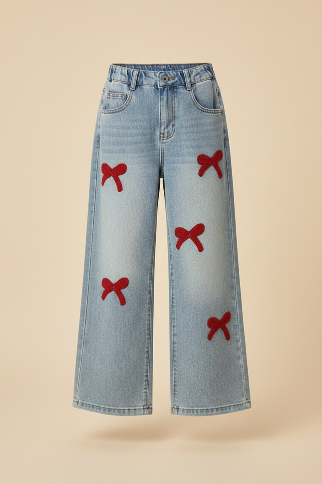 Pantalon Patte D'Éléphant Denim Large Nœuds Rouges Fille - Bleu Jean - vue 3
