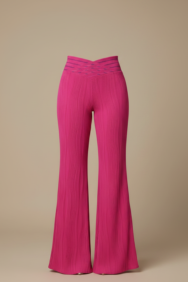 Pantalon Patte D'Éléphant Fuchsia Texturé Taille Haute Élégant - Rose Maille - vue 3
