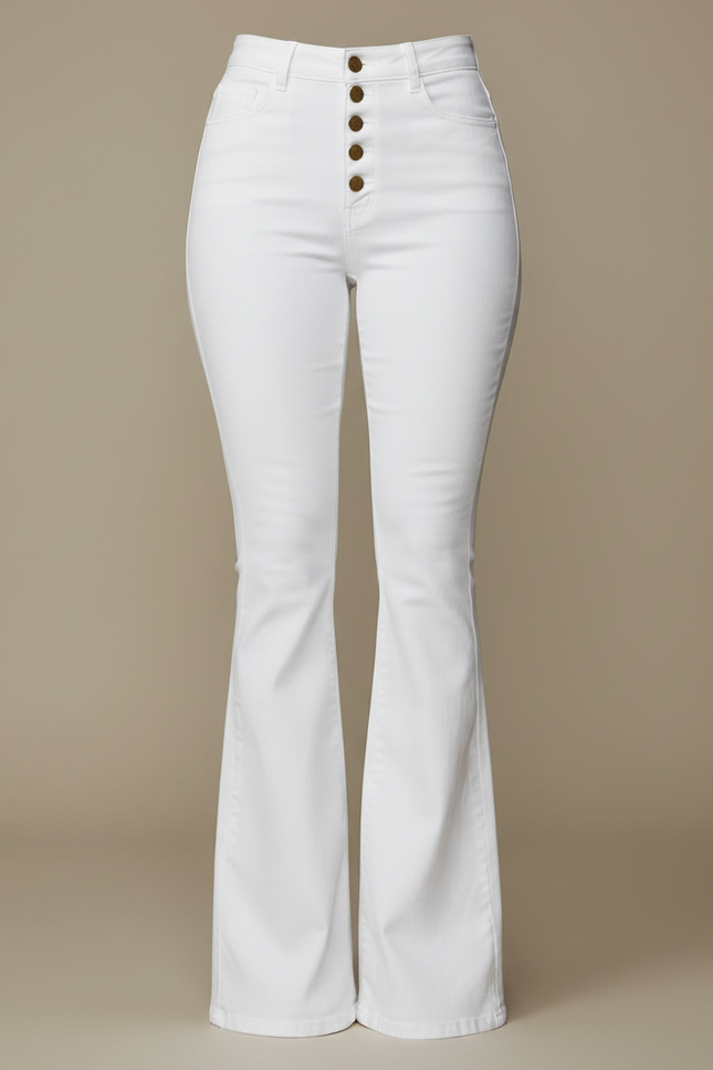 Pantalon Patte D'Éléphant Blanc Taille Haute Boutons Dorés - Jean - vue 3