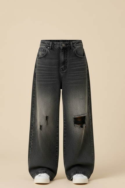 Pantalon Patte D'Éléphant Jean Noir Délavé Déchiré Large Enfant - vue 3