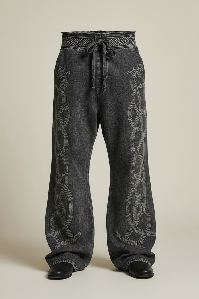 Pantalon Patte D'Éléphant Gris Brodé Celtique Ample Décontracté - Jean - vue 3