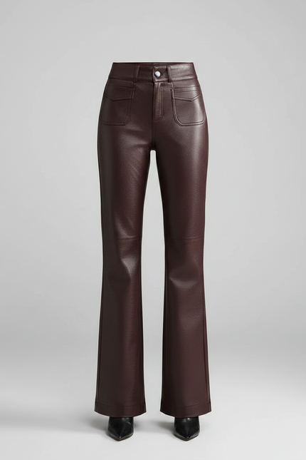Pantalon Patte D'Éléphant Simili Cuir Marron Taille Haute - vue 3