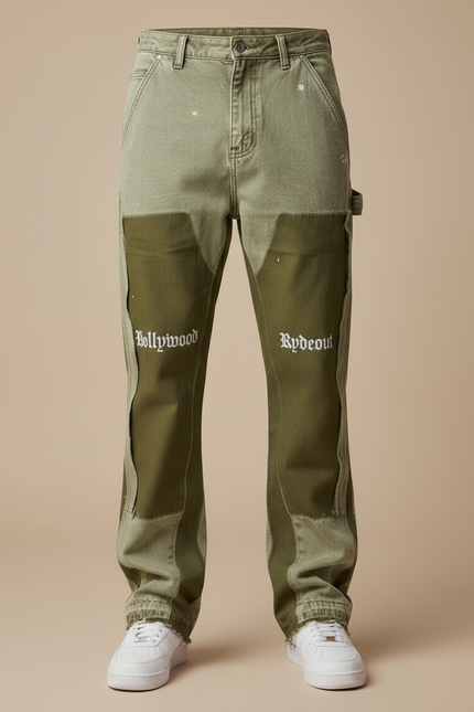 Pantalon Patte D'Éléphant Vert Bicolore Patchwork Évasé Peintures Homme - Kaki Toile - vue 3
