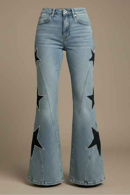 Pantalon Patte D'Éléphant Jean Étoiles Cloutées Bleu Évasé Femme - vue 3