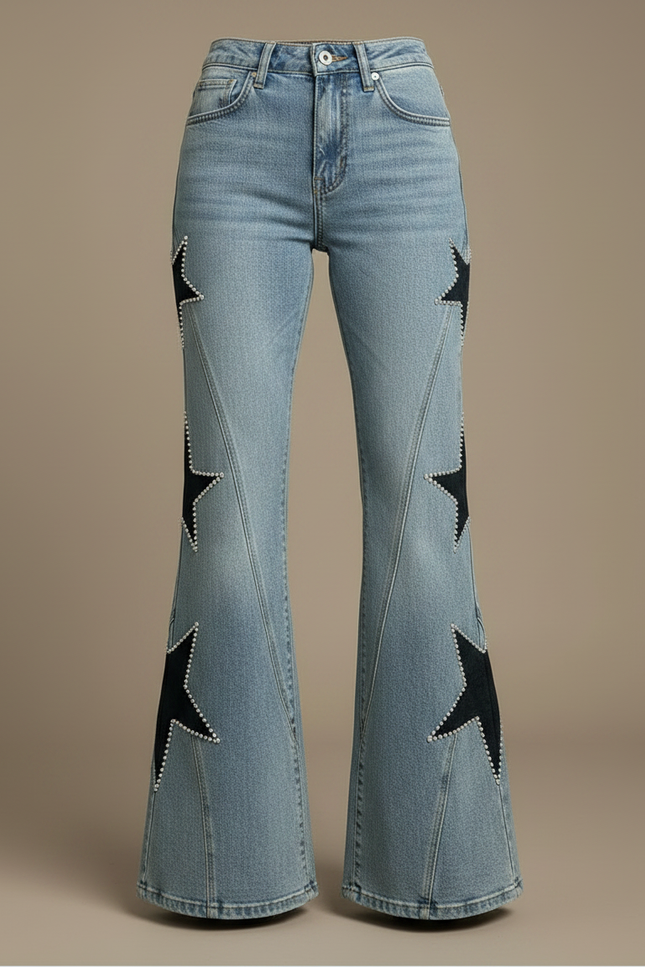 Pantalon Patte D'Éléphant Jean Étoiles Cloutées Bleu Évasé Femme - vue 3