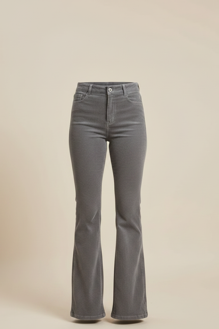 Pantalon Patte D'Éléphant Gris Côtelé Taille Haute Boutons Slim - Cordé - vue 3