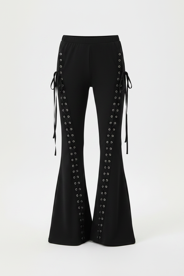 Pantalon Patte D'Éléphant Noir Lacets Œillets Évasé Garçon - Maille - vue 3