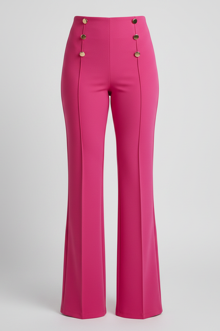 Pantalon Patte D'Éléphant Fuschia Taille Haute Boutons Dorés - Rose Polyester - vue 3