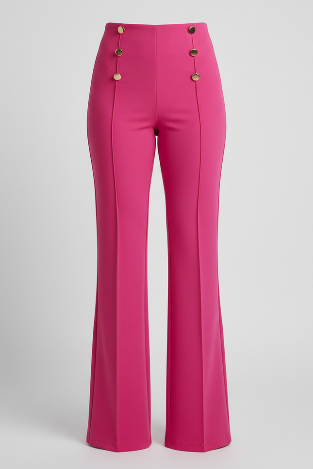 Pantalon Patte D'Éléphant Fuschia Taille Haute Boutons Dorés - Rose Polyester - vue 3
