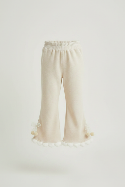 Pantalon Patte D'Éléphant Crème Tricot Pompons Fille Confortable - Beige Maille - vue 3