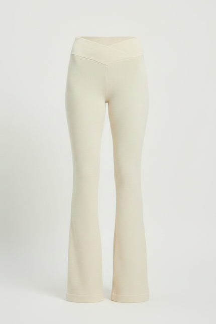 Pantalon Patte D'Éléphant Crème Tricoté Côtelé Taille Haute - Beige Maille - vue 3