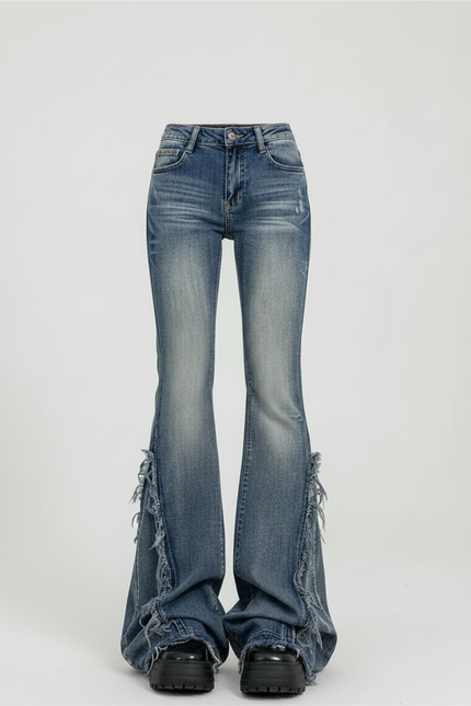 Pantalon Patte D'Éléphant Bleu Délavé Effiloché Y2K - Jean - vue 3
