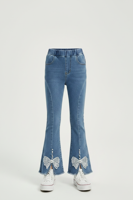 Pantalon Patte D'Éléphant Denim Bleu Nœuds Perles Évasé Fille - Jean - vue 3