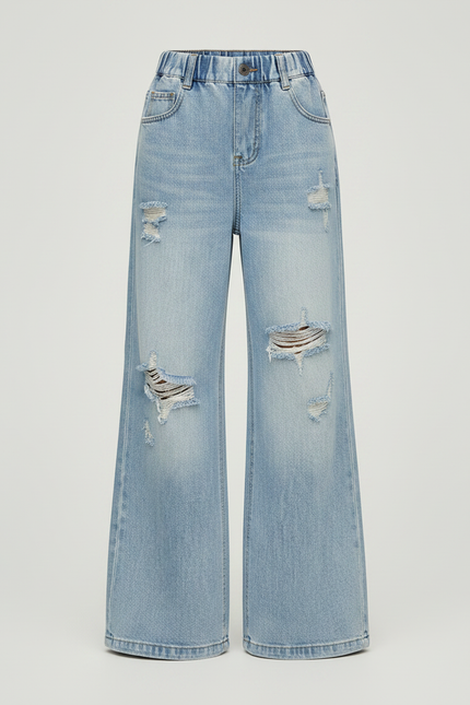Pantalon Patte D'Éléphant Jean Bleu Déchiré Taille Élastique Large - vue 3