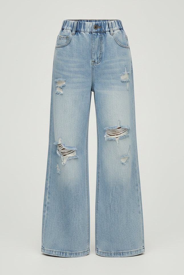 Pantalon Patte D'Éléphant Jean Bleu Déchiré Taille Élastique Large - vue 3