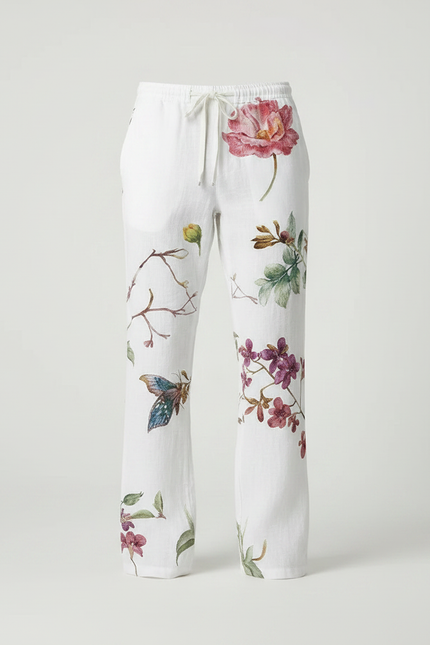 Pantalon Patte D'Éléphant Blanc Floral Ample Confortable Lin - vue 3