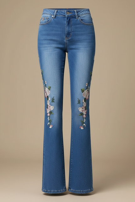 Pantalon Patte D'Éléphant Bleu Brodé Fleurs Taille Haute - Jean - vue 3