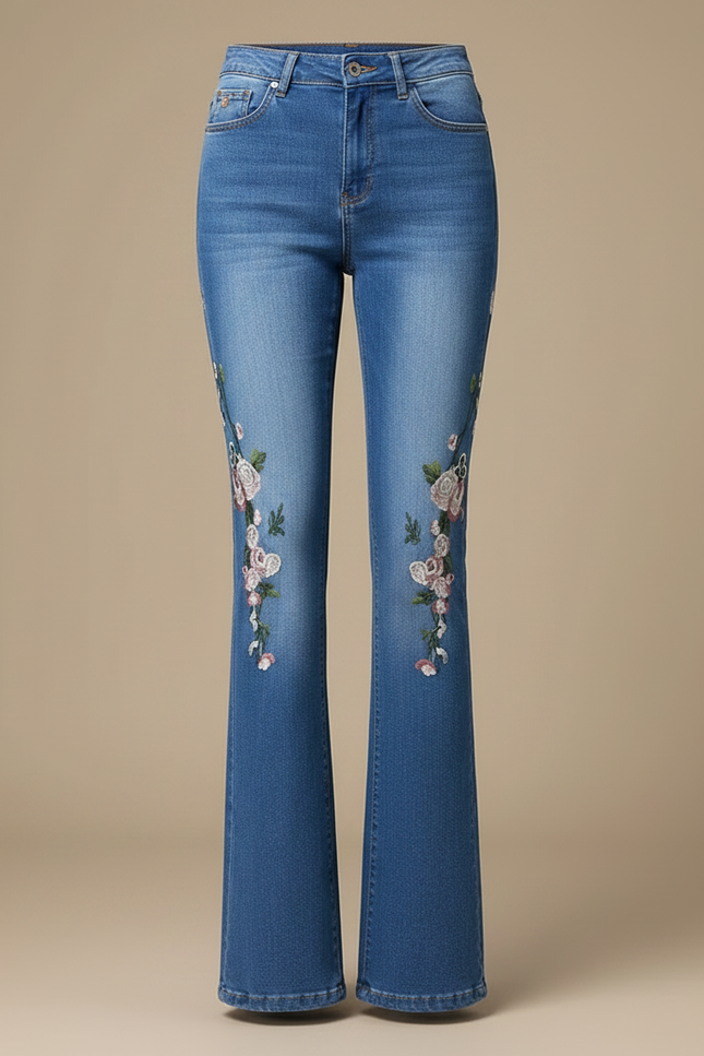Pantalon Patte D'Éléphant Bleu Brodé Fleurs Taille Haute - Jean - vue 3