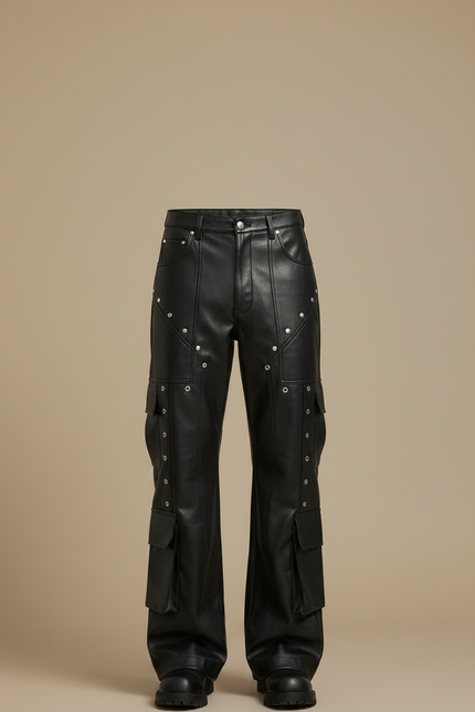 Pantalon Patte D'Éléphant En Cuir Noir Rivets Cargo - vue 3