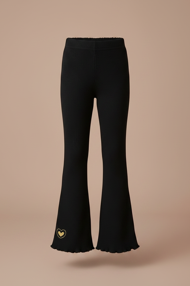 Pantalon Patte D'Éléphant Noir Côtelé Évasé Cœur Fille - Maille - vue 3