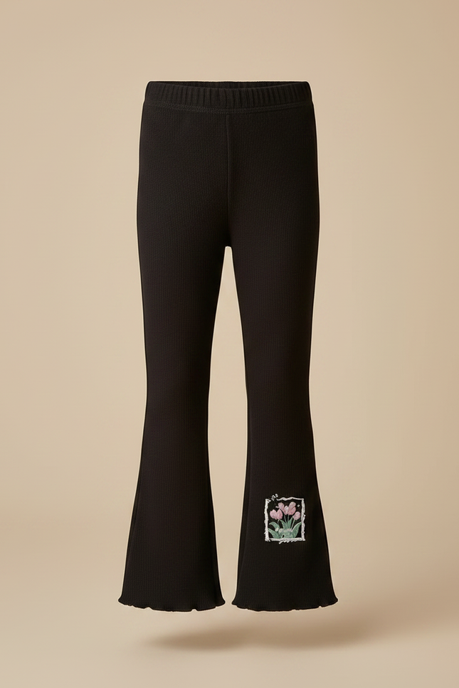 Pantalon Patte D'Éléphant Noir Côtelé Évasé Fleuri Fille - Maille - vue 3