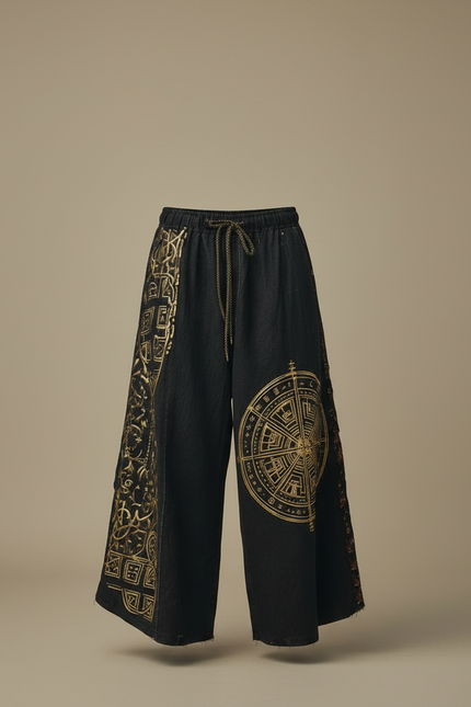 Pantalon Patte D'Éléphant Noir Ample Imprimé Ethnique Doré - Jean - vue 3