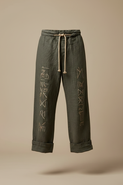 Pantalon Patte D'Éléphant Kaki Lin Brodé Ethnique Ample - vue 3