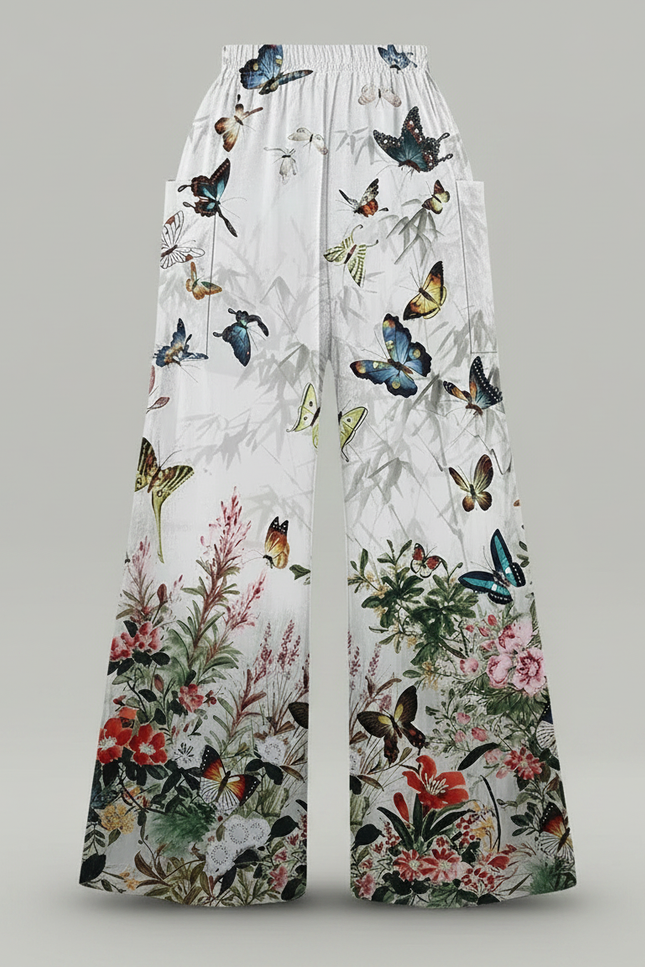 Pantalon Patte D'Éléphant Fluide Imprimé Papillon Floral Blanc - Viscose - vue 3
