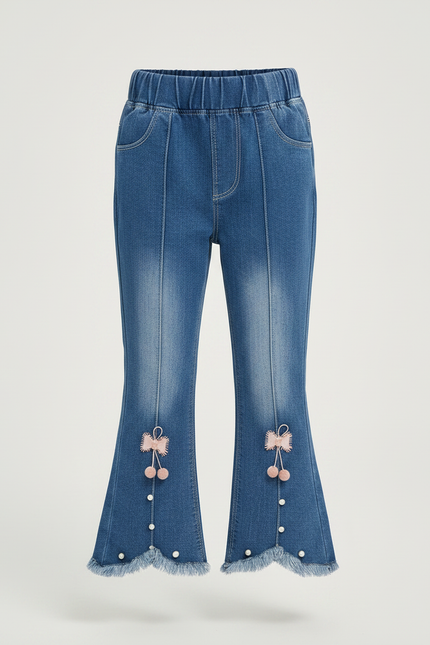Pantalon Patte D'Éléphant Jean Bleu Frangé Nœuds Pompons Fille - vue 3