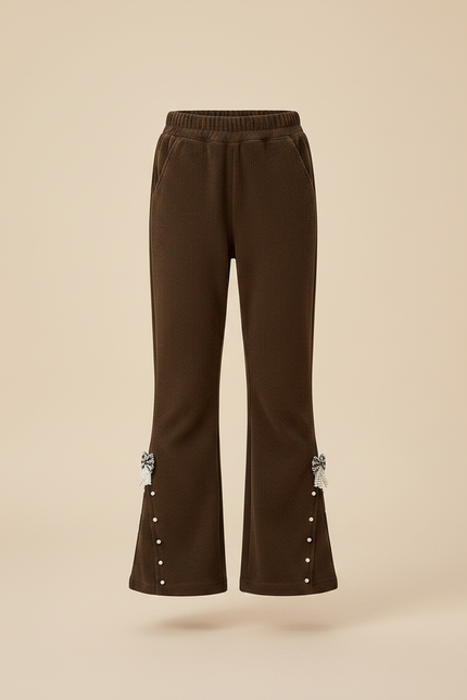 Pantalon Patte D'Éléphant Marron Côtelé Nœuds Perles Fille - Cordé - vue 3