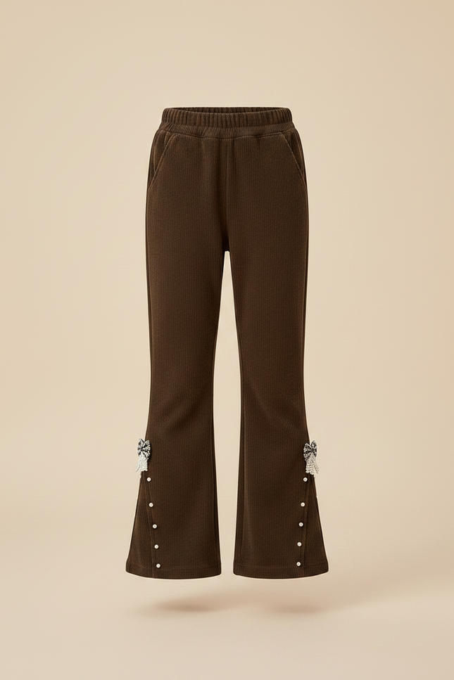 Pantalon Patte D'Éléphant Marron Côtelé Nœuds Perles Fille - Cordé - vue 3