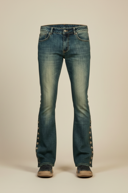 Pantalon Patte D'Éléphant Jean Bleu Boutons Latéraux Rétro - vue 3