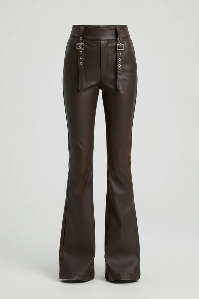 Pantalon Patte D'Éléphant Marron Similicuir Évasé Boucles Fille - Simili cuir - vue 3