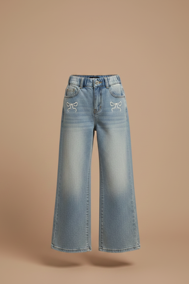 Pantalon Patte D'Éléphant Denim Large Nœuds Brodés Fille - Bleu Jean - vue 3