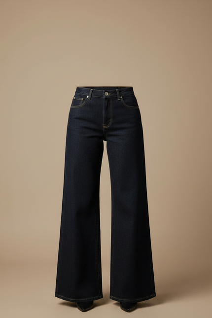 Pantalon Patte D'Éléphant Denim Foncé Brodé Floral Taille Haute - Marine Jean - vue 3