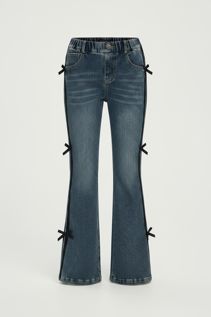Pantalon Patte D'Éléphant Denim Bleu Nœuds Noirs Fille - Jean - vue 3