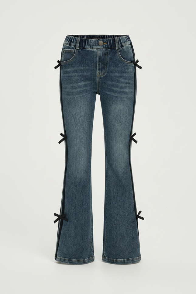 Pantalon Patte D'Éléphant Denim Bleu Nœuds Noirs Fille - Jean - vue 3