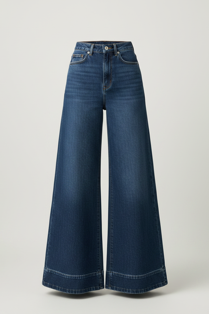 Pantalon Patte D'Éléphant Taille Haute Denim Bleu Ample - Jean - vue 3